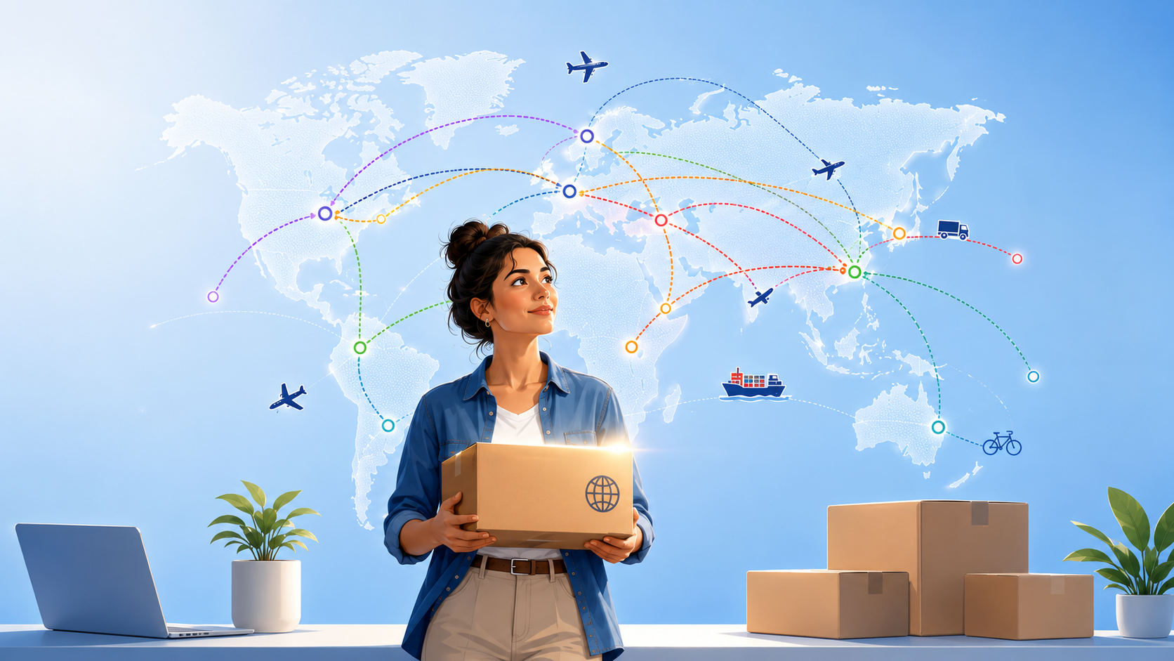 A small business owner considering international shipping options in front of a world map.